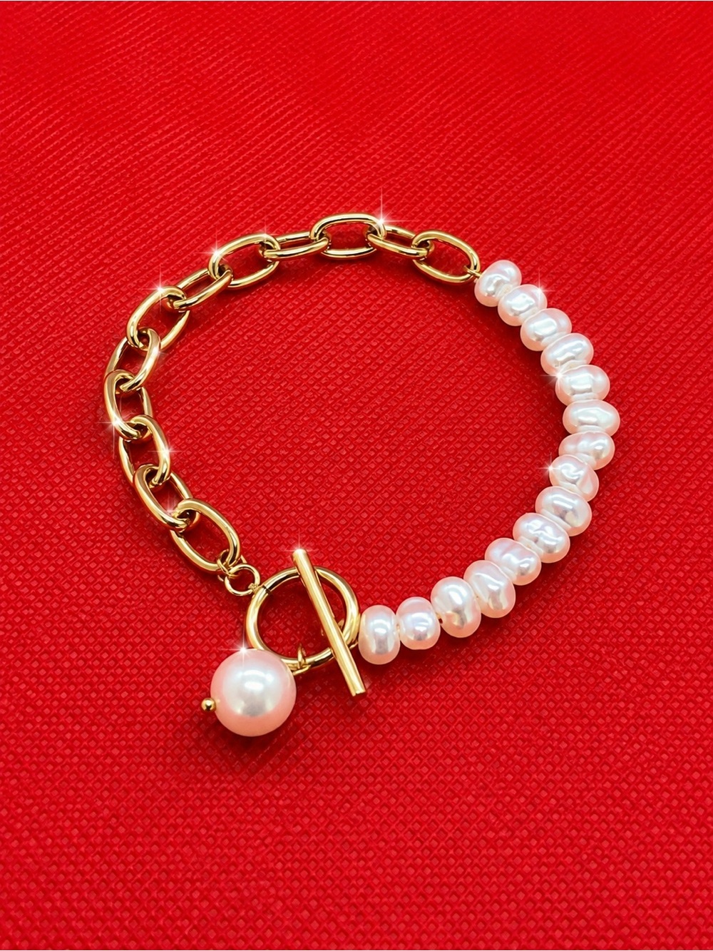 Stainless steel gold plated 18k Gold & White Pearl Toggle Bracelet - Women Jewel